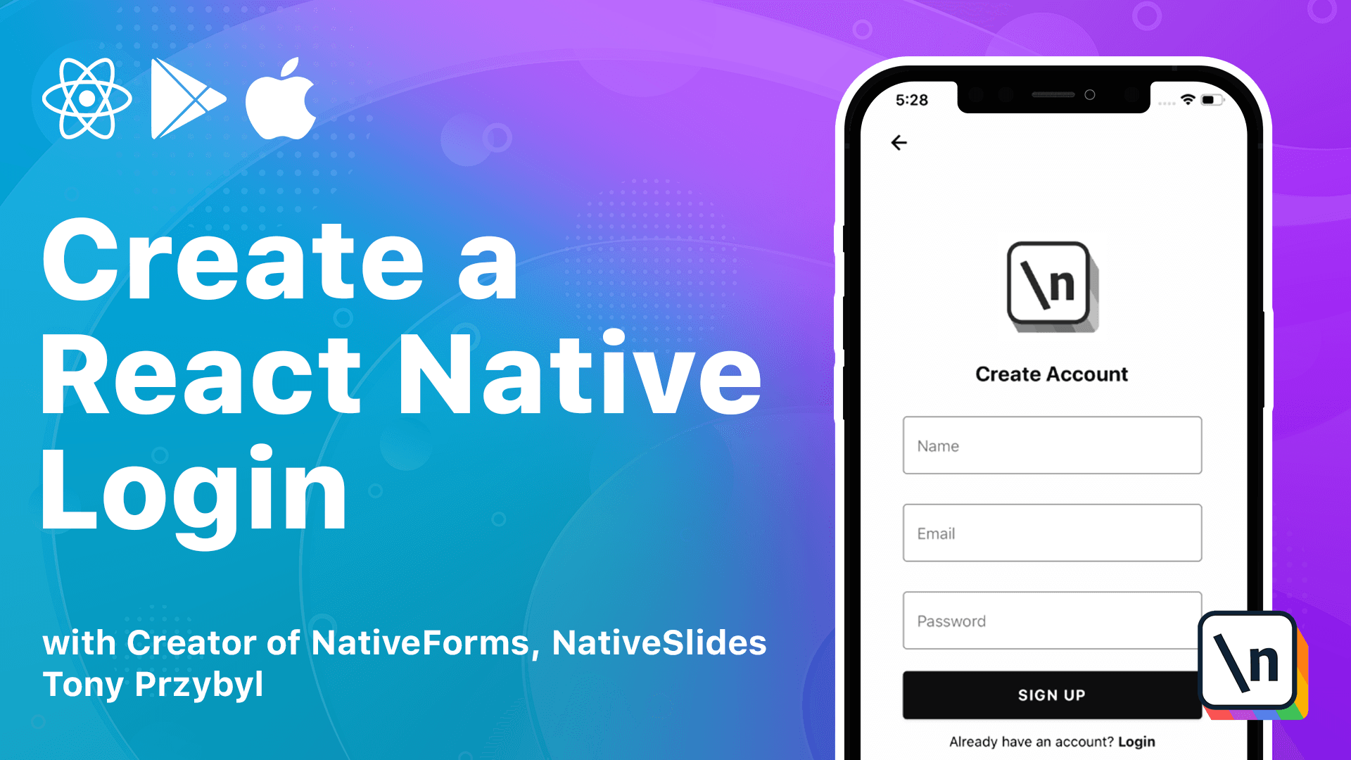 Thumbnail for the \newline course Creating a React Native Login