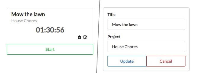 A single timer: Displaying time (left) vs. edit form (right)