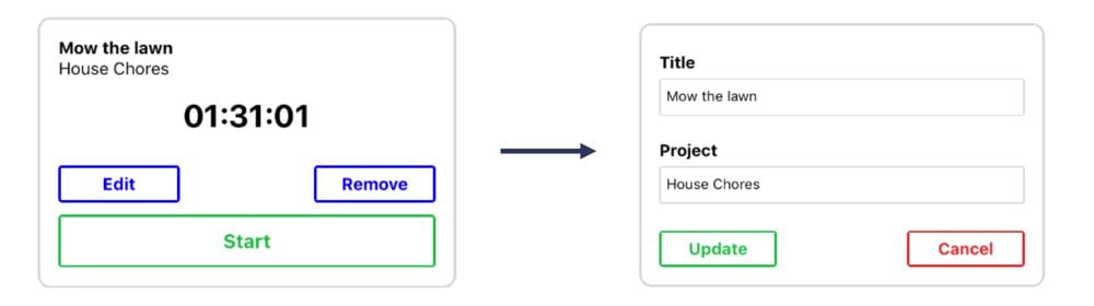 A single timer: Displaying time (left) vs. edit form (right)